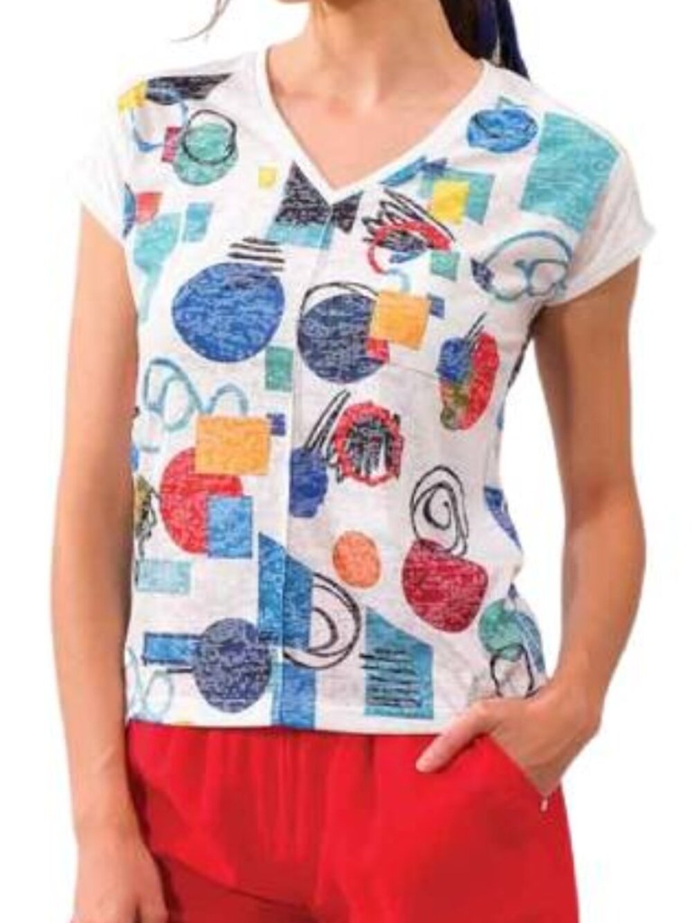 Alison Sheri Bright Geometric Short Sleeves Pullover V Neck Tee One of a Kind XS